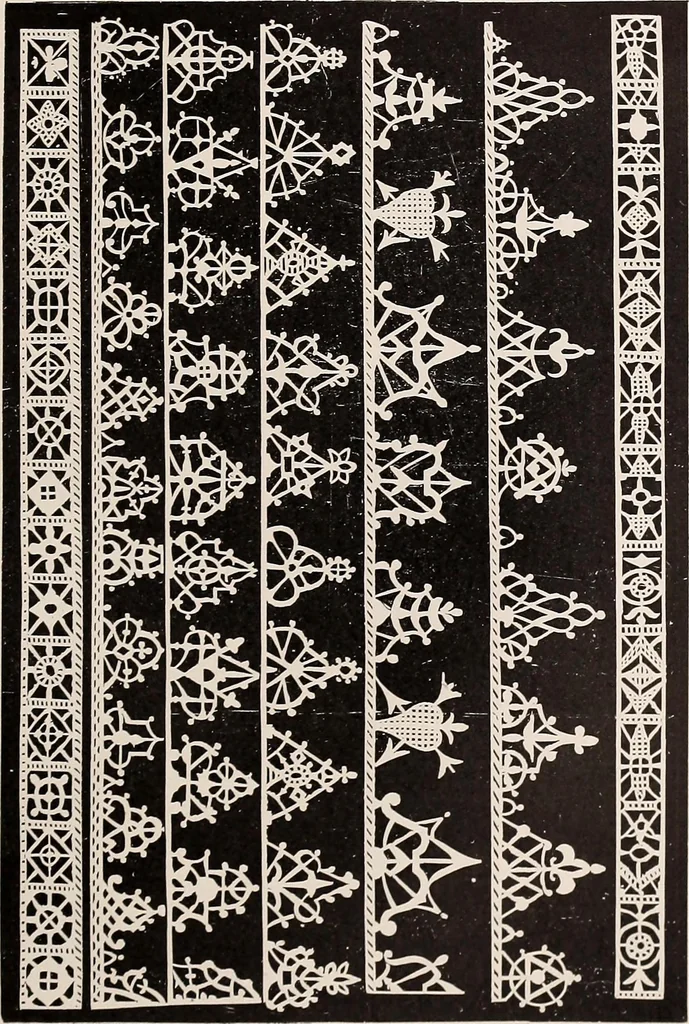 An illustration from A history of hand-made lace : dealing with the origin of lace, the growth of the great lace centres, the mode of manufacture, the methods of distinguishing and the care of various kinds of lace, 1900, leaf 134