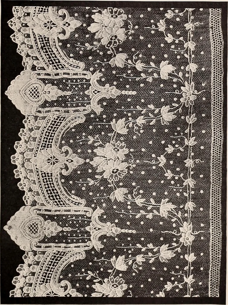 An illustration from A history of hand-made lace : dealing with the origin of lace, the growth of the great lace centres, the mode of manufacture, the methods of distinguishing and the care of various kinds of lace, 1900, leaf 150