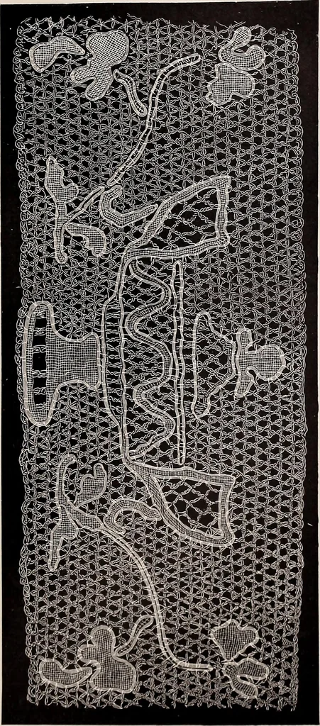 An illustration from A history of hand-made lace : dealing with the origin of lace, the growth of the great lace centres, the mode of manufacture, the methods of distinguishing and the care of various kinds of lace, 1900, leaf 152