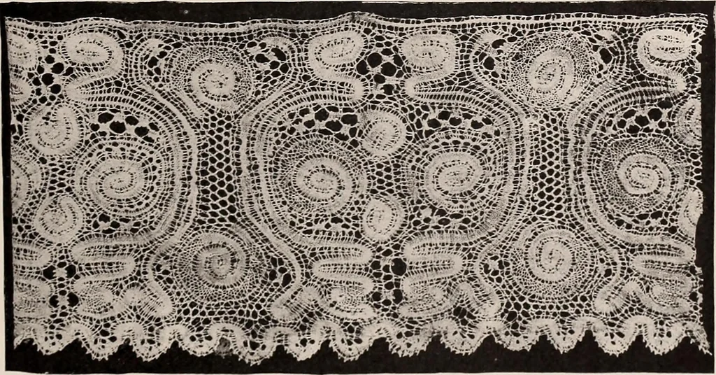 An illustration from A history of hand-made lace : dealing with the origin of lace, the growth of the great lace centres, the mode of manufacture, the methods of distinguishing and the care of various kinds of lace, 1900, leaf 156