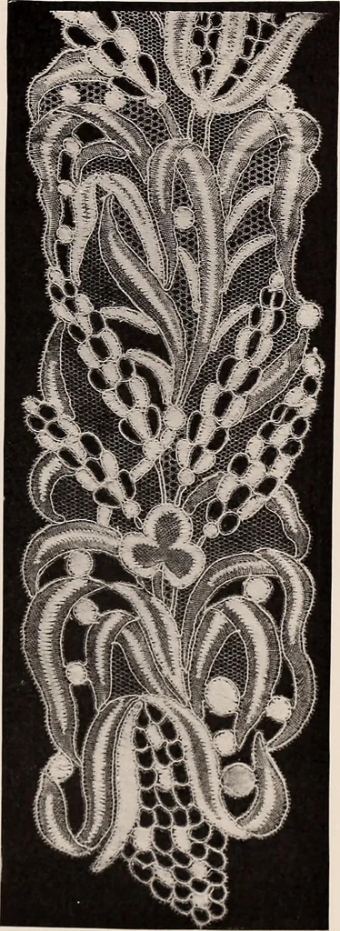 An illustration from A history of hand-made lace : dealing with the origin of lace, the growth of the great lace centres, the mode of manufacture, the methods of distinguishing and the care of various kinds of lace, 1900, leaf 164