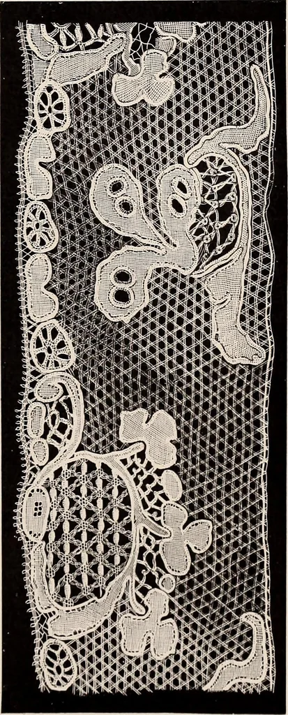An illustration from A history of hand-made lace : dealing with the origin of lace, the growth of the great lace centres, the mode of manufacture, the methods of distinguishing and the care of various kinds of lace, 1900, leaf 168