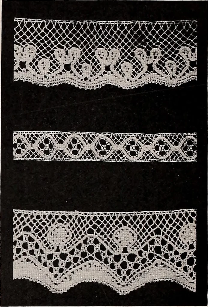 An illustration from A history of hand-made lace : dealing with the origin of lace, the growth of the great lace centres, the mode of manufacture, the methods of distinguishing and the care of various kinds of lace, 1900, leaf 169