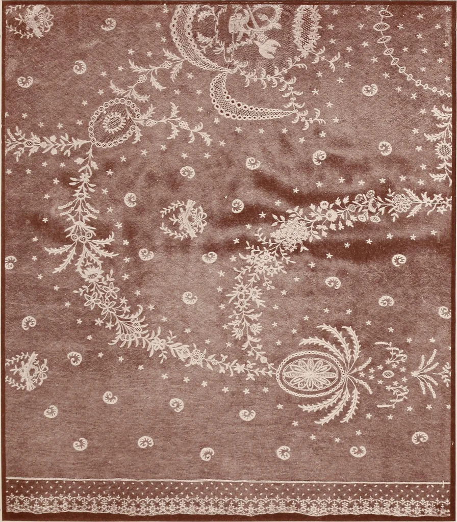 An illustration from A history of hand-made lace : dealing with the origin of lace, the growth of the great lace centres, the mode of manufacture, the methods of distinguishing and the care of various kinds of lace, 1900, leaf 172