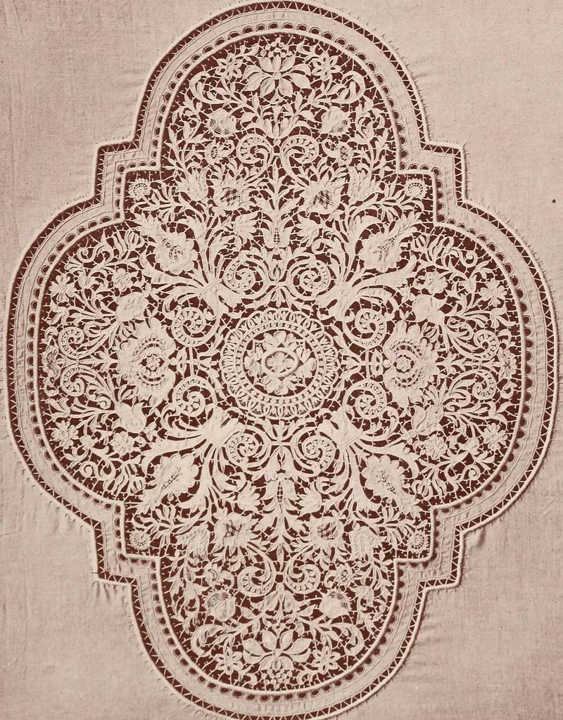 An illustration from A history of hand-made lace : dealing with the origin of lace, the growth of the great lace centres, the mode of manufacture, the methods of distinguishing and the care of various kinds of lace, 1900, leaf 186