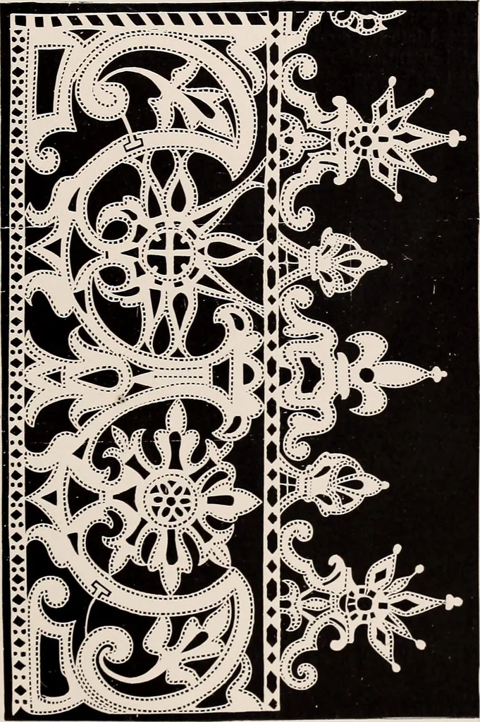 An illustration from A history of hand-made lace : dealing with the origin of lace, the growth of the great lace centres, the mode of manufacture, the methods of distinguishing and the care of various kinds of lace, 1900, leaf 188