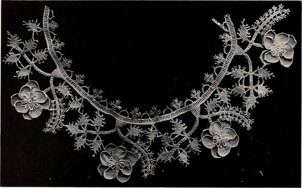 An illustration from A history of hand-made lace : dealing with the origin of lace, the growth of the great lace centres, the mode of manufacture, the methods of distinguishing and the care of various kinds of lace, 1900, leaf 189