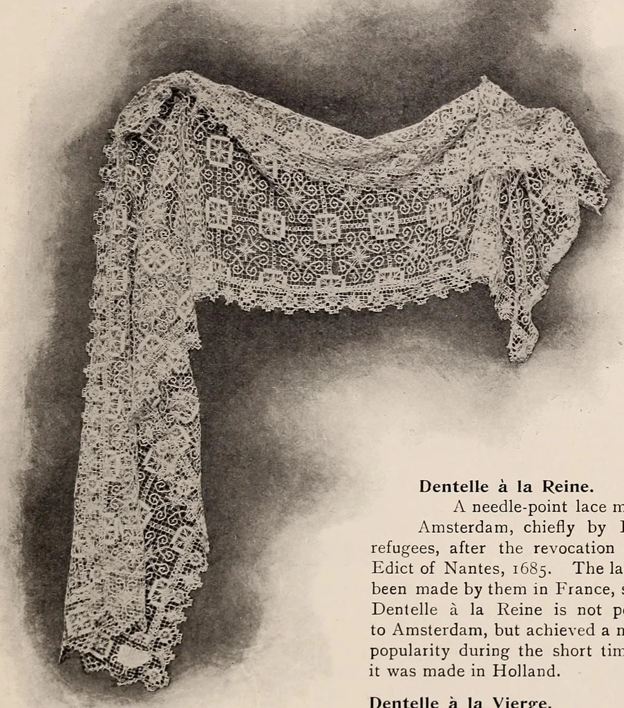 An illustration from A history of hand-made lace : dealing with the origin of lace, the growth of the great lace centres, the mode of manufacture, the methods of distinguishing and the care of various kinds of lace, 1900, leaf 192