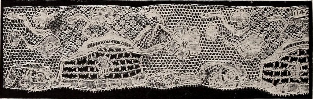 An illustration from A history of hand-made lace : dealing with the origin of lace, the growth of the great lace centres, the mode of manufacture, the methods of distinguishing and the care of various kinds of lace, 1900, leaf 199