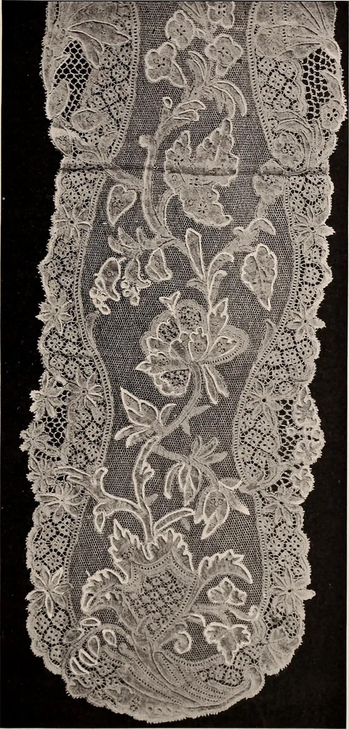 An illustration from A history of hand-made lace : dealing with the origin of lace, the growth of the great lace centres, the mode of manufacture, the methods of distinguishing and the care of various kinds of lace, 1900, leaf 200