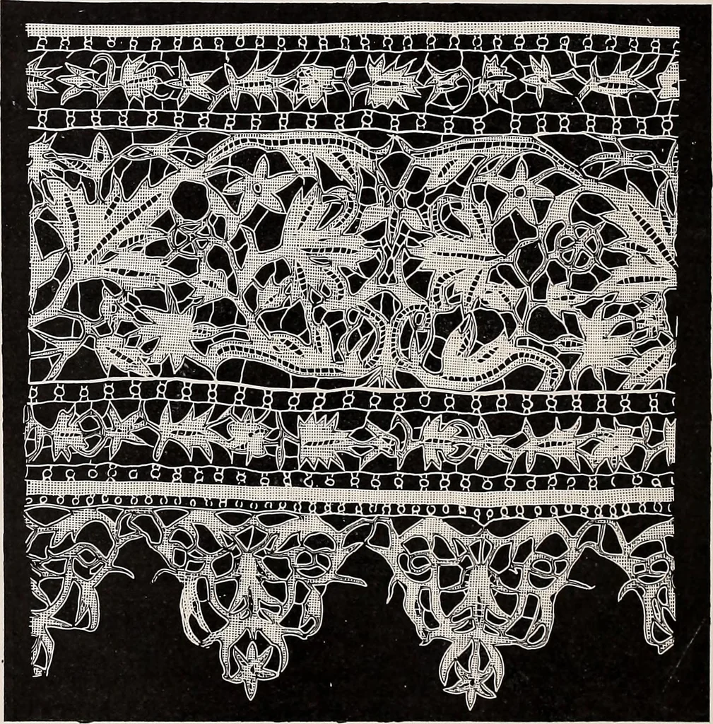 An illustration from A history of hand-made lace : dealing with the origin of lace, the growth of the great lace centres, the mode of manufacture, the methods of distinguishing and the care of various kinds of lace, 1900, leaf 211
