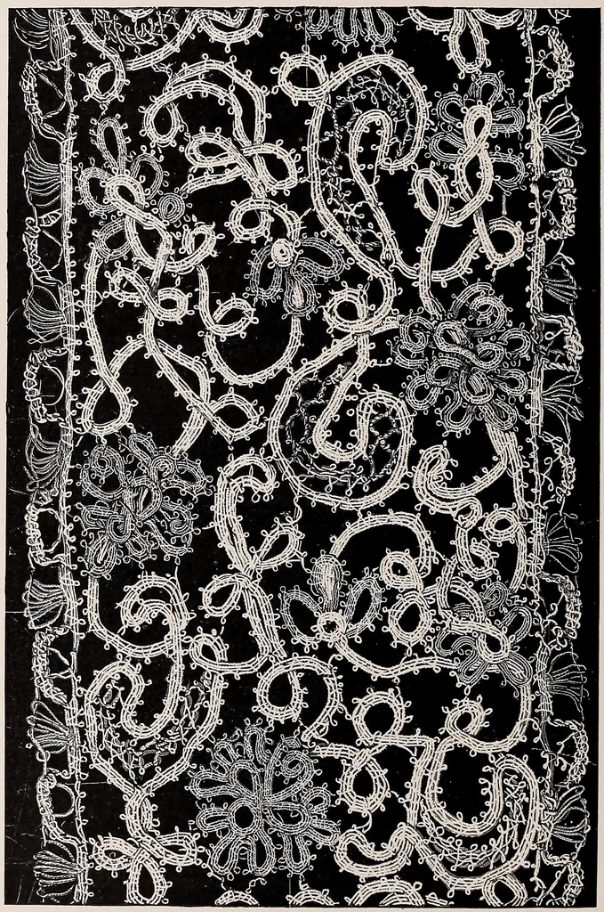 An illustration from A history of hand-made lace : dealing with the origin of lace, the growth of the great lace centres, the mode of manufacture, the methods of distinguishing and the care of various kinds of lace, 1900, leaf 213
