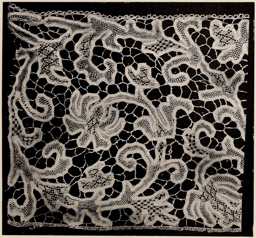 An illustration from A history of hand-made lace : dealing with the origin of lace, the growth of the great lace centres, the mode of manufacture, the methods of distinguishing and the care of various kinds of lace, 1900, leaf 214
