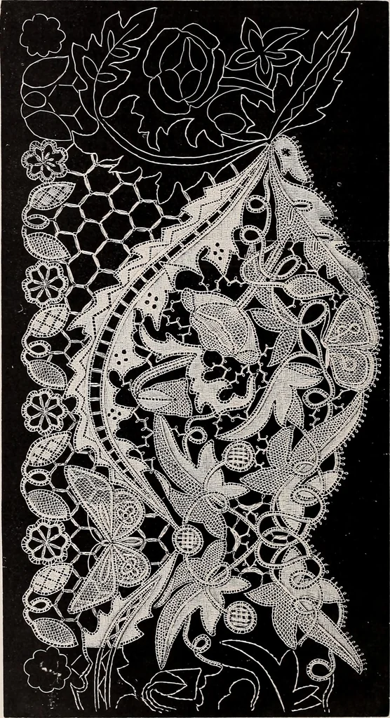 An illustration from A history of hand-made lace : dealing with the origin of lace, the growth of the great lace centres, the mode of manufacture, the methods of distinguishing and the care of various kinds of lace, 1900, leaf 217