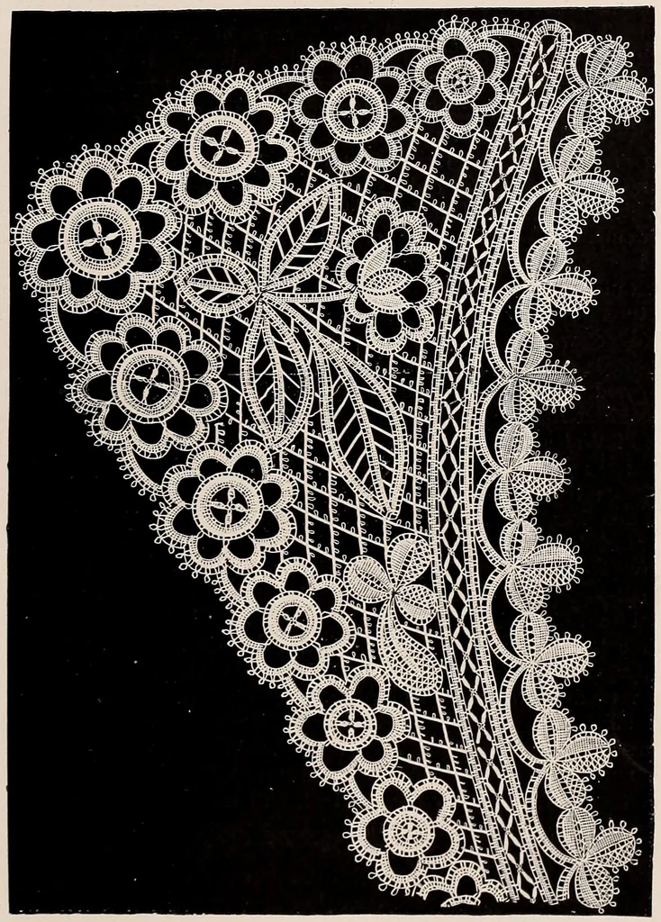 An illustration from A history of hand-made lace : dealing with the origin of lace, the growth of the great lace centres, the mode of manufacture, the methods of distinguishing and the care of various kinds of lace, 1900, leaf 218