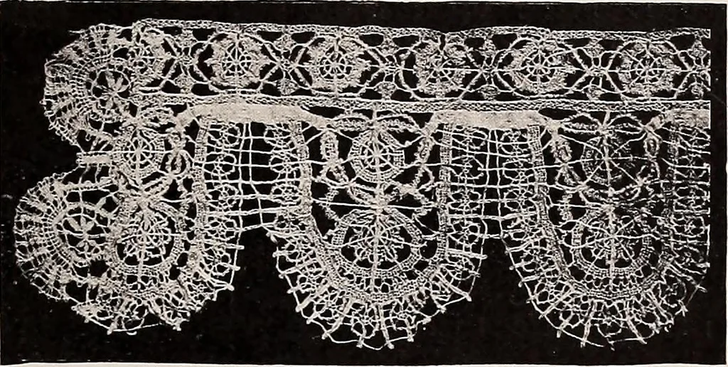 An illustration from A history of hand-made lace : dealing with the origin of lace, the growth of the great lace centres, the mode of manufacture, the methods of distinguishing and the care of various kinds of lace, 1900, leaf 222