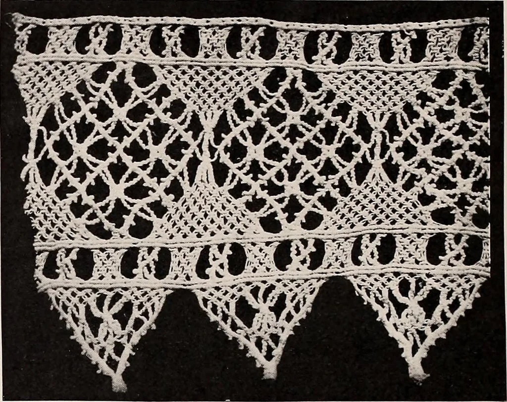 An illustration from A history of hand-made lace : dealing with the origin of lace, the growth of the great lace centres, the mode of manufacture, the methods of distinguishing and the care of various kinds of lace, 1900, leaf 223