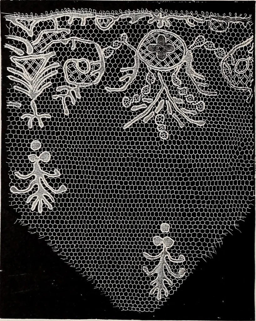 An illustration from A history of hand-made lace : dealing with the origin of lace, the growth of the great lace centres, the mode of manufacture, the methods of distinguishing and the care of various kinds of lace, 1900, leaf 225
