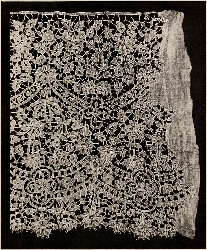 An illustration from A history of hand-made lace : dealing with the origin of lace, the growth of the great lace centres, the mode of manufacture, the methods of distinguishing and the care of various kinds of lace, 1900, leaf 226