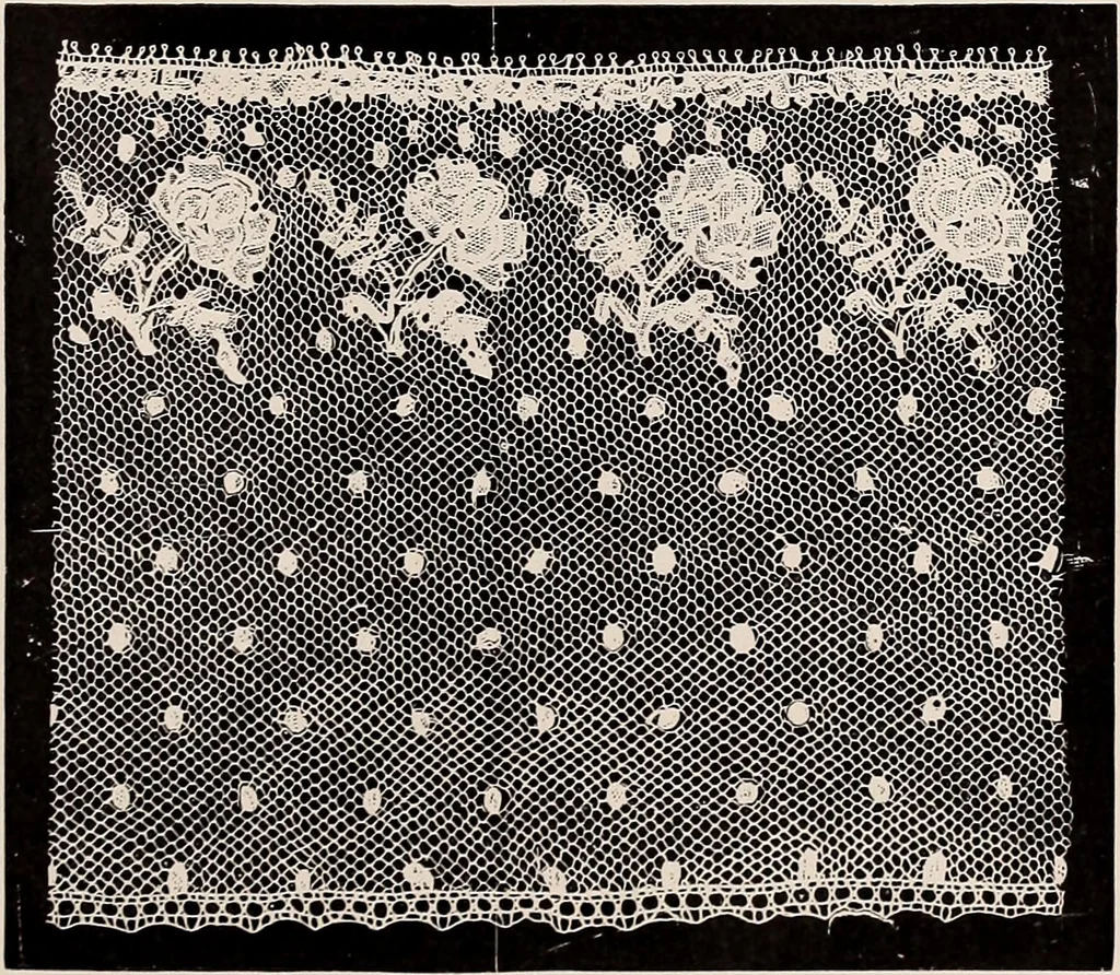 An illustration from A history of hand-made lace : dealing with the origin of lace, the growth of the great lace centres, the mode of manufacture, the methods of distinguishing and the care of various kinds of lace, 1900, leaf 232