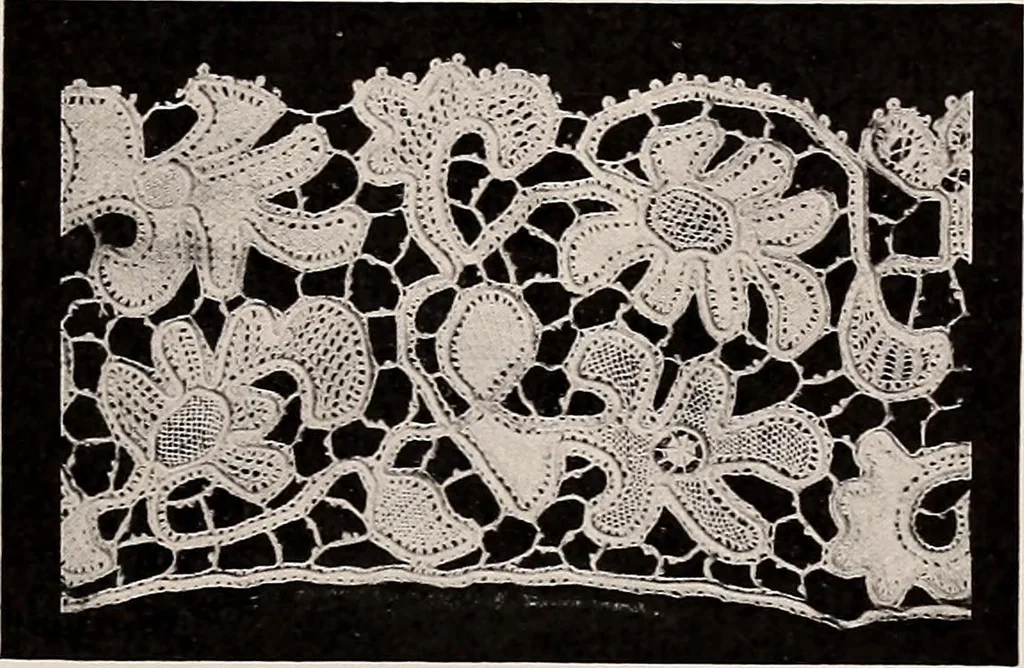 An illustration from A history of hand-made lace : dealing with the origin of lace, the growth of the great lace centres, the mode of manufacture, the methods of distinguishing and the care of various kinds of lace, 1900, leaf 234