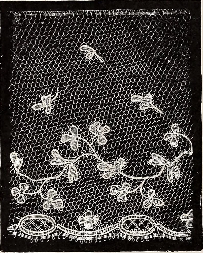 An illustration from A history of hand-made lace : dealing with the origin of lace, the growth of the great lace centres, the mode of manufacture, the methods of distinguishing and the care of various kinds of lace, 1900, leaf 235