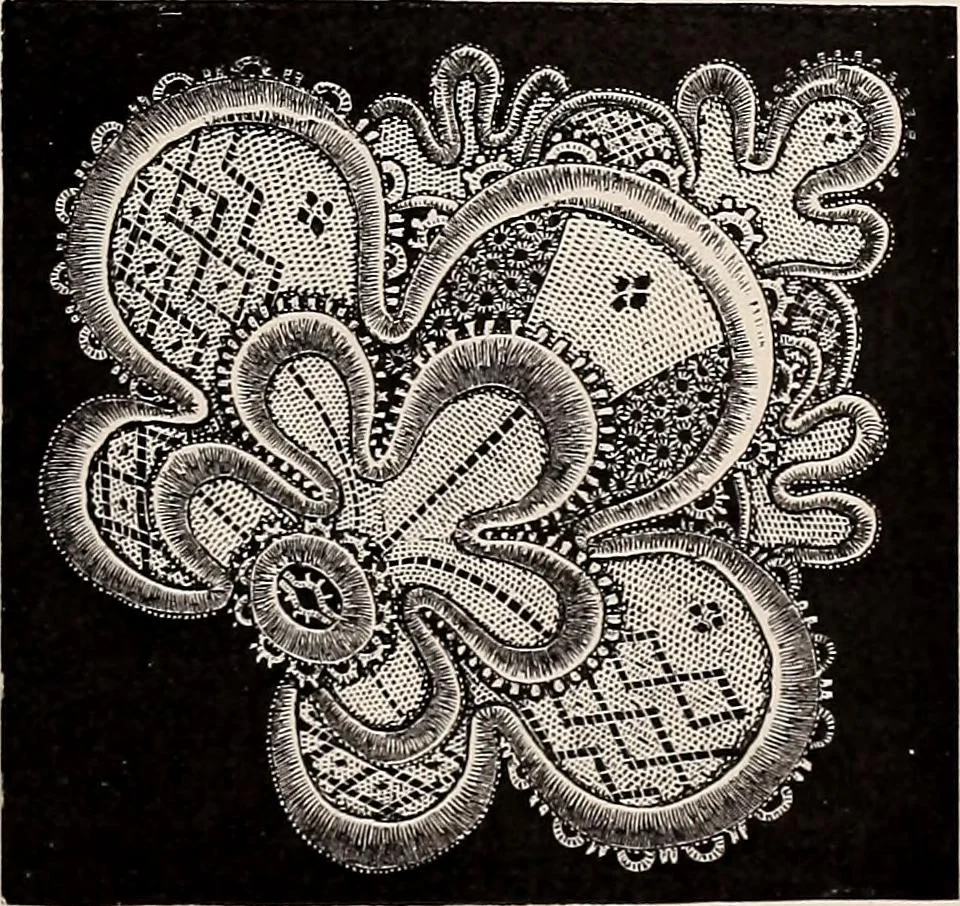 An illustration from A history of hand-made lace : dealing with the origin of lace, the growth of the great lace centres, the mode of manufacture, the methods of distinguishing and the care of various kinds of lace, 1900, leaf 240