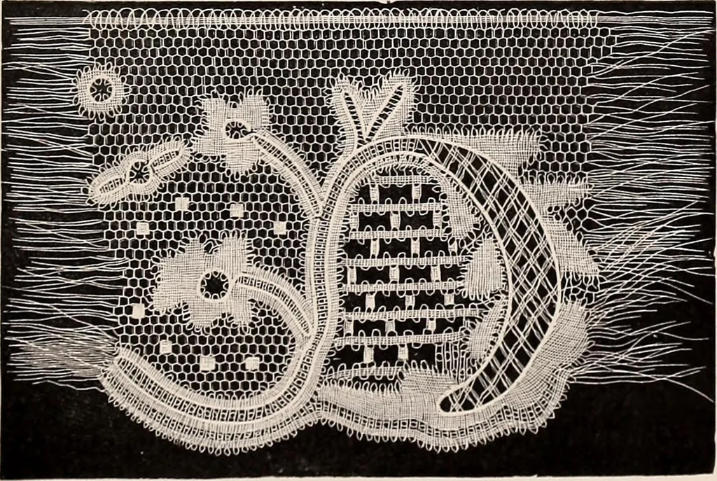 An illustration from A history of hand-made lace : dealing with the origin of lace, the growth of the great lace centres, the mode of manufacture, the methods of distinguishing and the care of various kinds of lace, 1900, leaf 244