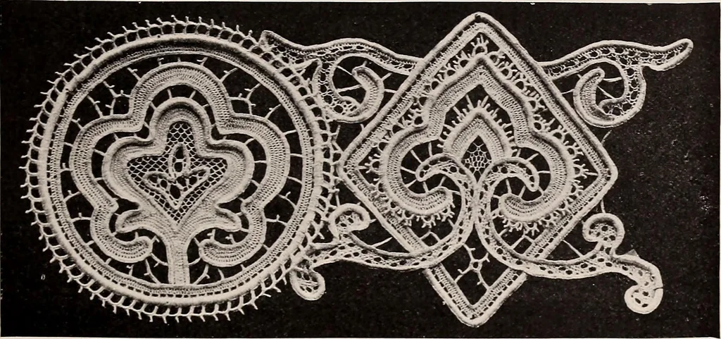 An illustration from A history of hand-made lace : dealing with the origin of lace, the growth of the great lace centres, the mode of manufacture, the methods of distinguishing and the care of various kinds of lace, 1900, leaf 246