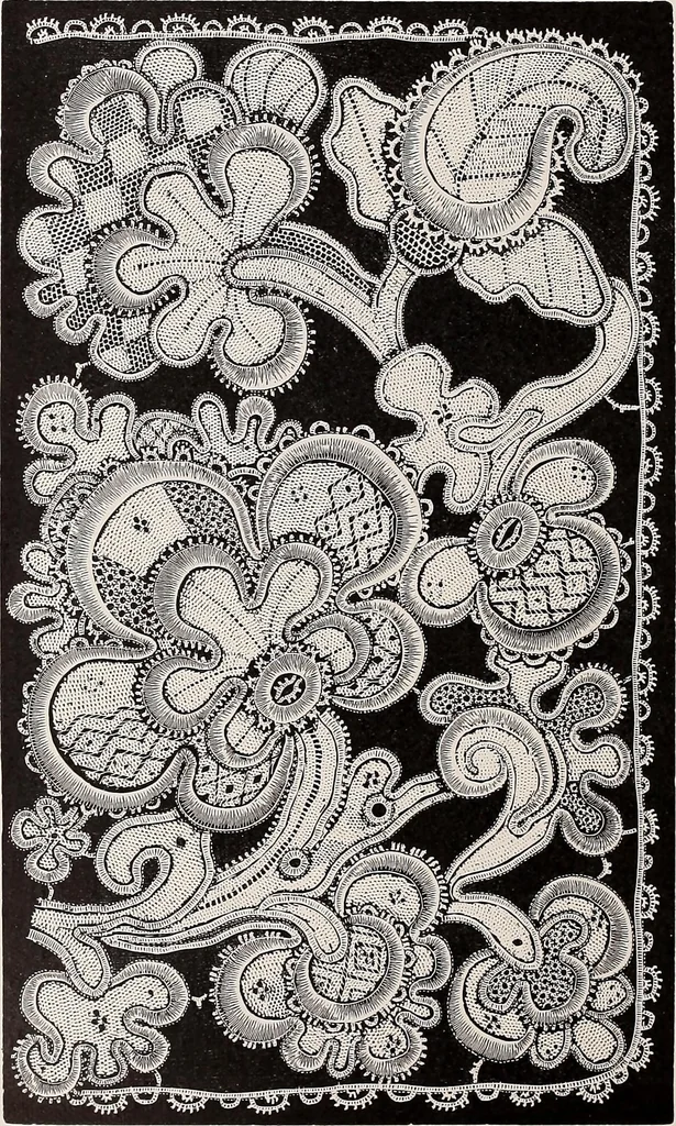 An illustration from A history of hand-made lace : dealing with the origin of lace, the growth of the great lace centres, the mode of manufacture, the methods of distinguishing and the care of various kinds of lace, 1900, leaf 249