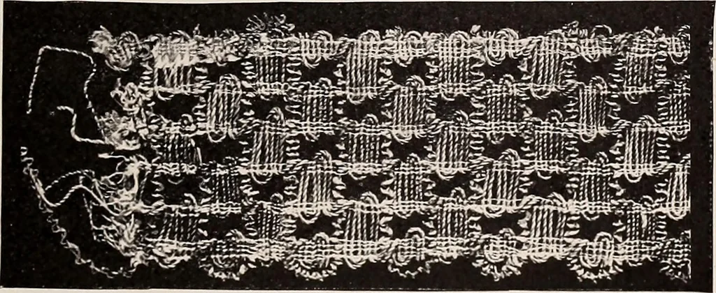 An illustration from A history of hand-made lace : dealing with the origin of lace, the growth of the great lace centres, the mode of manufacture, the methods of distinguishing and the care of various kinds of lace, 1900, leaf 250