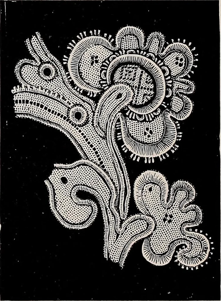 An illustration from A history of hand-made lace : dealing with the origin of lace, the growth of the great lace centres, the mode of manufacture, the methods of distinguishing and the care of various kinds of lace, 1900, leaf 267