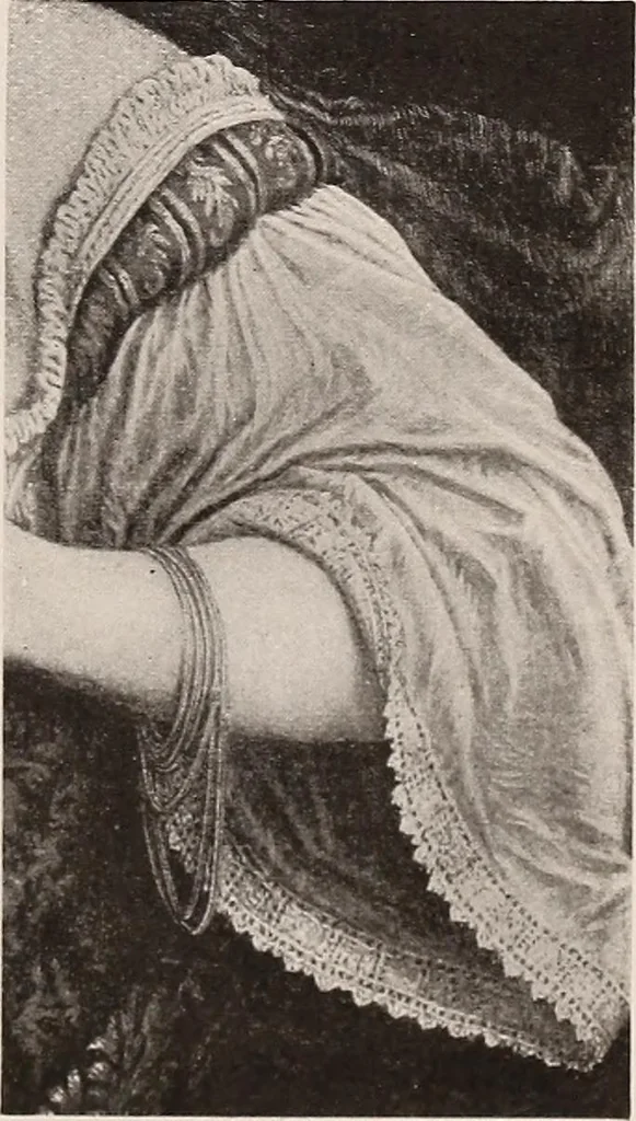 An illustration from A history of hand-made lace : dealing with the origin of lace, the growth of the great lace centres, the mode of manufacture, the methods of distinguishing and the care of various kinds of lace, 1900, leaf 32