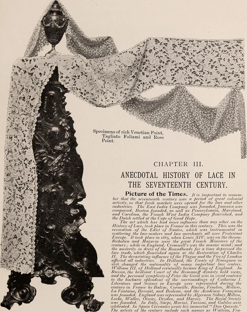 An illustration from A history of hand-made lace : dealing with the origin of lace, the growth of the great lace centres, the mode of manufacture, the methods of distinguishing and the care of various kinds of lace, 1900, leaf 44