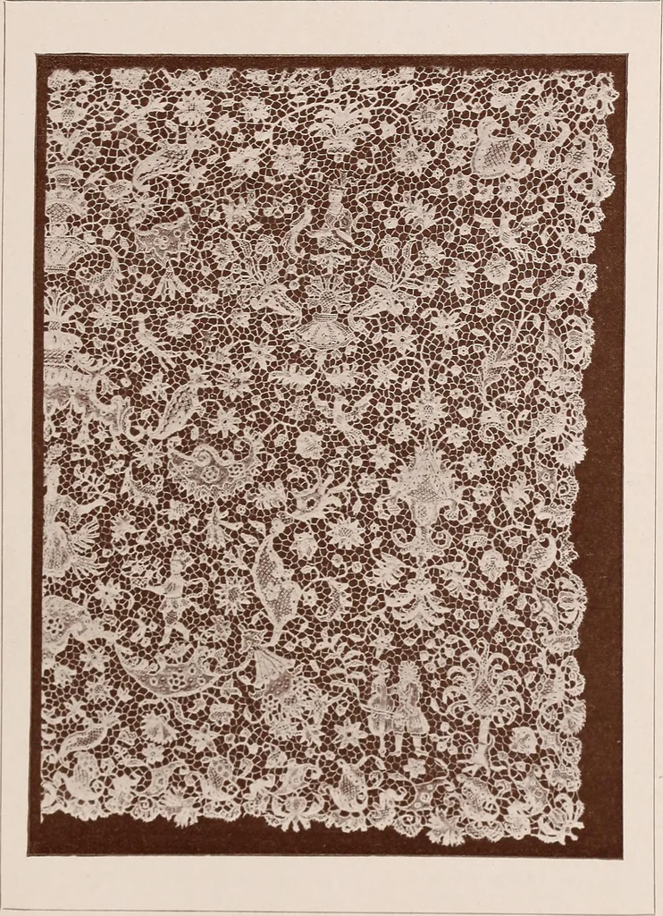 An illustration from A history of hand-made lace : dealing with the origin of lace, the growth of the great lace centres, the mode of manufacture, the methods of distinguishing and the care of various kinds of lace, 1900, leaf 54