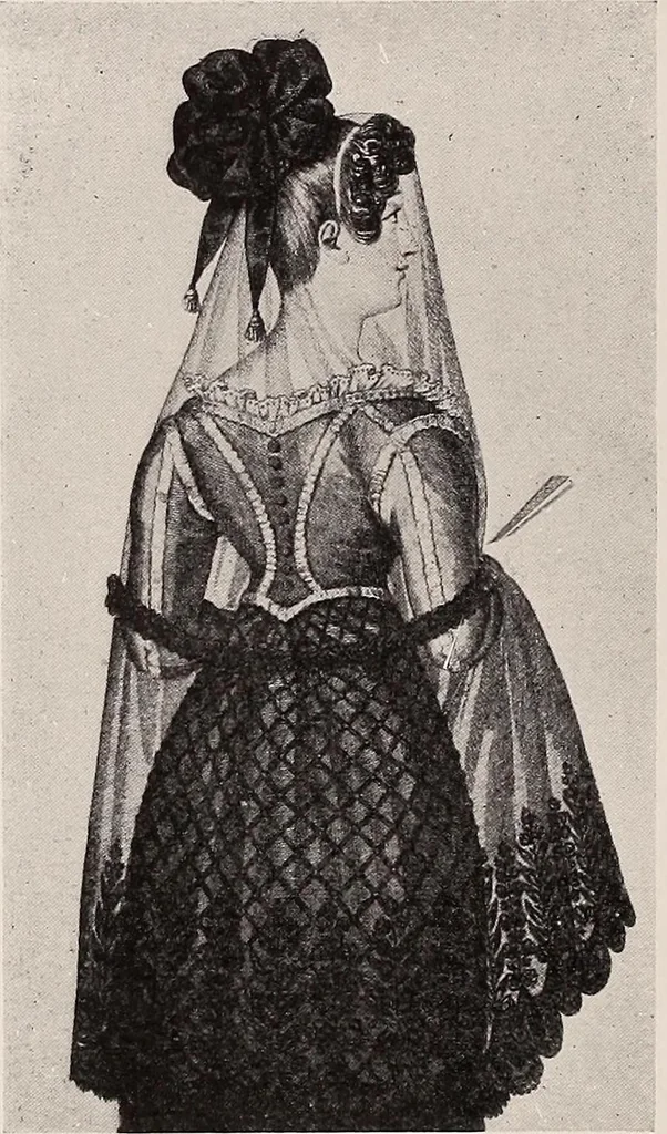 An illustration from A history of hand-made lace : dealing with the origin of lace, the growth of the great lace centres, the mode of manufacture, the methods of distinguishing and the care of various kinds of lace, 1900, leaf 63