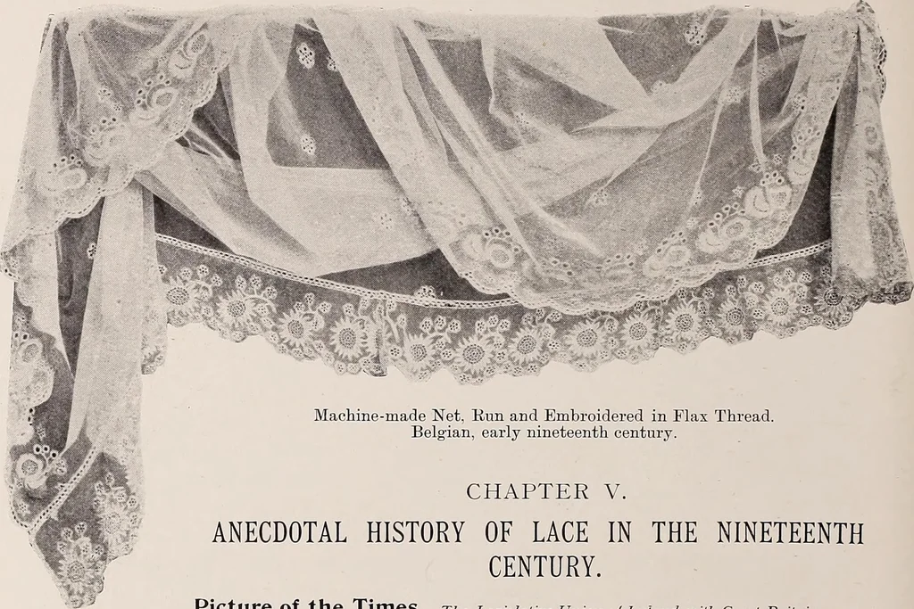 An illustration from A history of hand-made lace : dealing with the origin of lace, the growth of the great lace centres, the mode of manufacture, the methods of distinguishing and the care of various kinds of lace, 1900, leaf 71