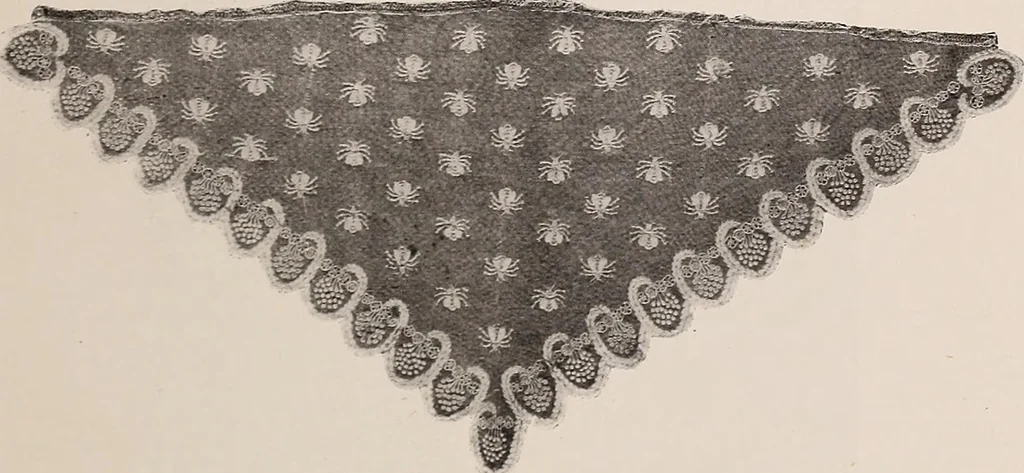 An illustration from A history of hand-made lace : dealing with the origin of lace, the growth of the great lace centres, the mode of manufacture, the methods of distinguishing and the care of various kinds of lace, 1900, leaf 76