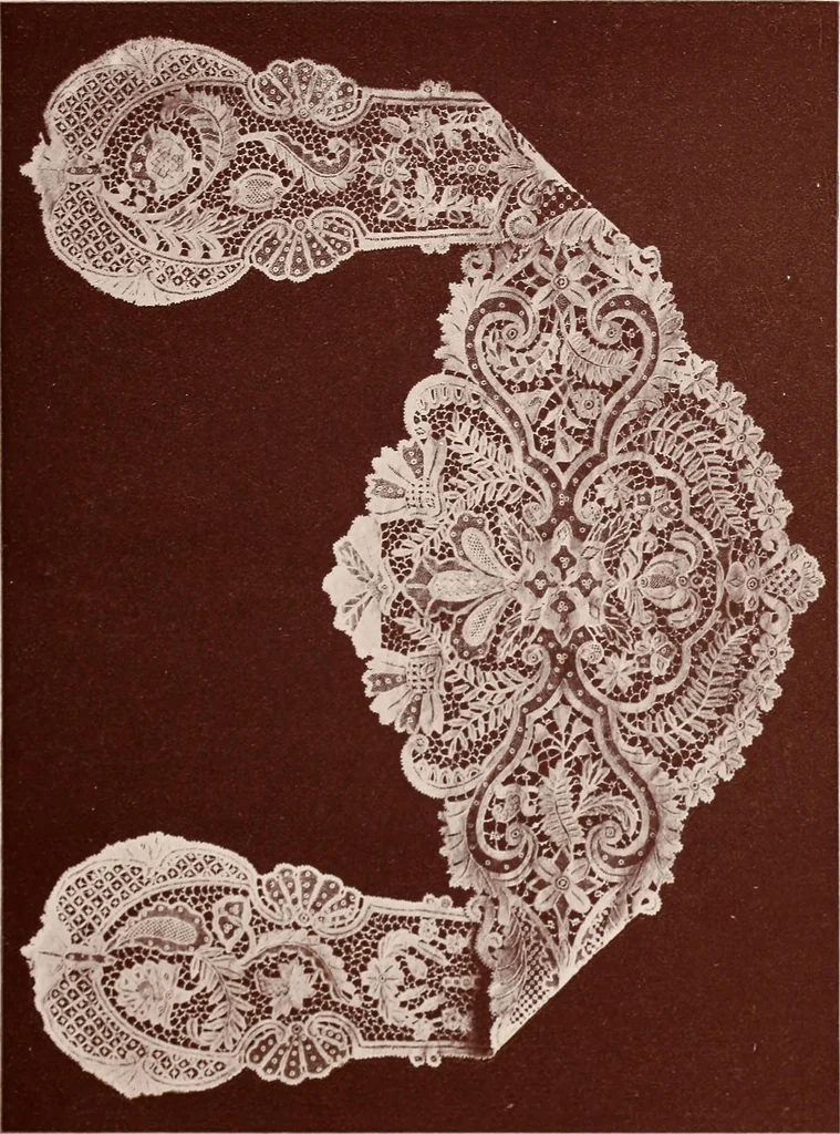 An illustration from A history of hand-made lace : dealing with the origin of lace, the growth of the great lace centres, the mode of manufacture, the methods of distinguishing and the care of various kinds of lace, 1900, leaf 82