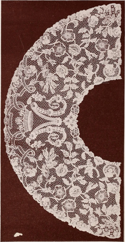 An illustration from A history of hand-made lace : dealing with the origin of lace, the growth of the great lace centres, the mode of manufacture, the methods of distinguishing and the care of various kinds of lace, 1900, leaf 95