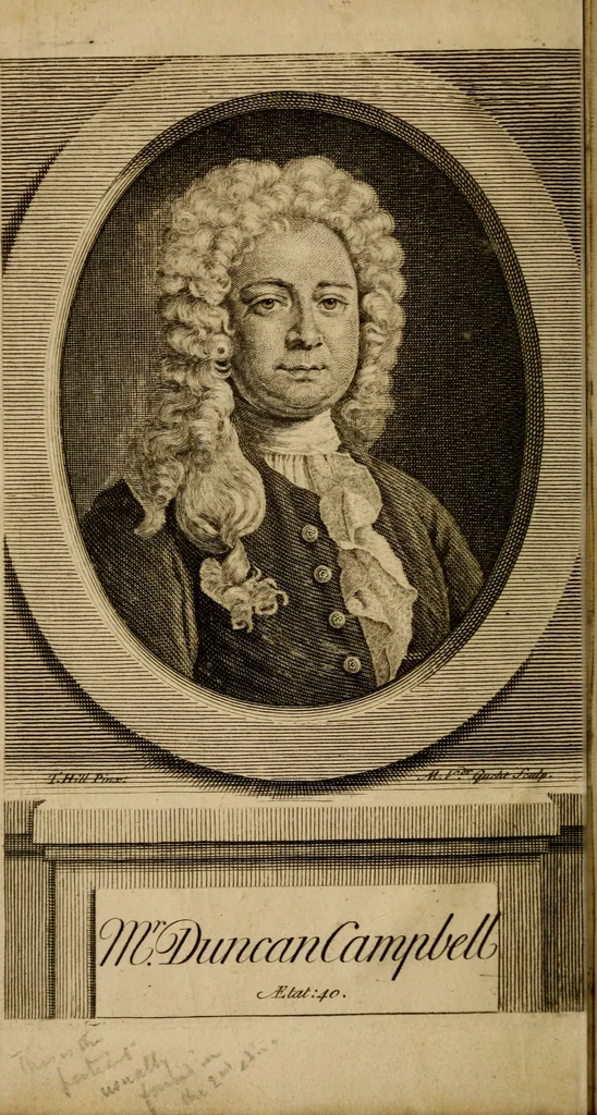 An illustration from The history of the life and adventures of Mr. Duncan Campbell : a gentleman, who, tho' deaf and dumb, writes down any stranger's name at first sight, with their future contingencies of fortune : now living in Exeter Court over-against the Savoy in the Strand, 1720, leaf 7