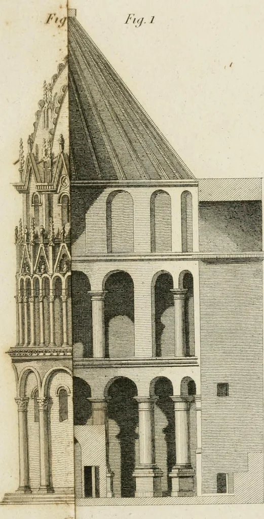 An illustration from An history of the origin and establishment of Gothic architecture : comprehending also an account, from his own writings, of Caesar Caesarianus, the first professed commentator on Vitruvius, and of his translation of that author : an investigation of the principles and proportions of that style of architecture called the Gothic : and an inquiry into the mode of painting upon and staining glass, as practiced in the ecclesiastical structures of the Middle Ages, 1813, leaf 296