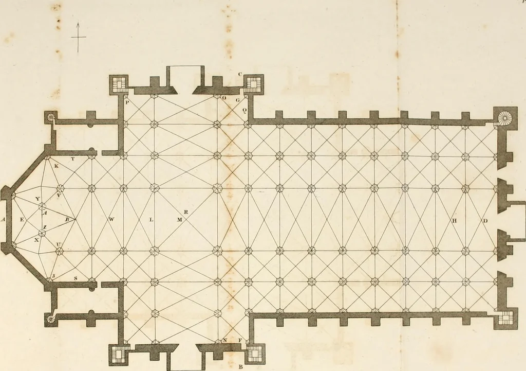 An illustration from An history of the origin and establishment of Gothic architecture : comprehending also an account, from his own writings, of Caesar Caesarianus, the first professed commentator on Vitruvius, and of his translation of that author : an investigation of the principles and proportions of that style of architecture called the Gothic : and an inquiry into the mode of painting upon and staining glass, as practiced in the ecclesiastical structures of the Middle Ages, 1813, leaf 299
