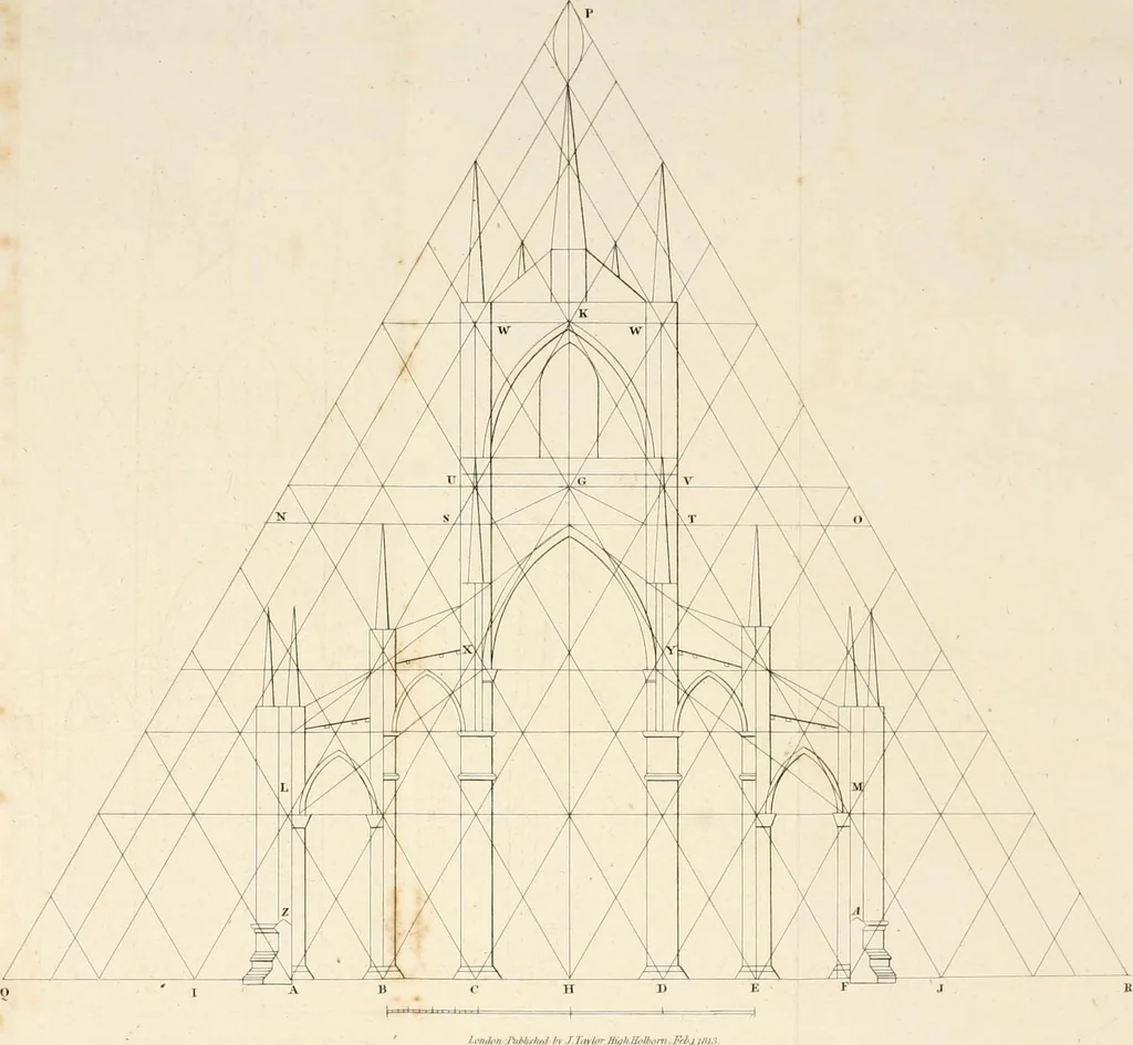 An illustration from An history of the origin and establishment of Gothic architecture : comprehending also an account, from his own writings, of Caesar Caesarianus, the first professed commentator on Vitruvius, and of his translation of that author : an investigation of the principles and proportions of that style of architecture called the Gothic : and an inquiry into the mode of painting upon and staining glass, as practiced in the ecclesiastical structures of the Middle Ages, 1813, leaf 301