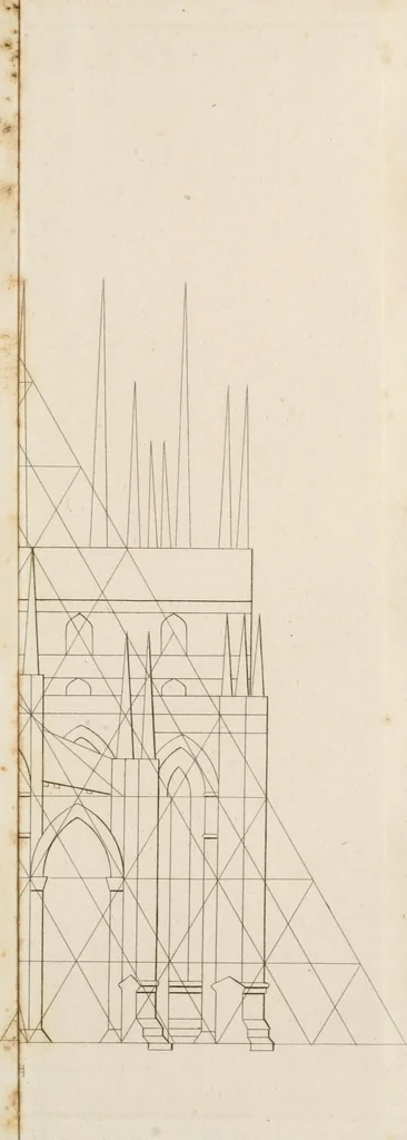 An illustration from An history of the origin and establishment of Gothic architecture : comprehending also an account, from his own writings, of Caesar Caesarianus, the first professed commentator on Vitruvius, and of his translation of that author : an investigation of the principles and proportions of that style of architecture called the Gothic : and an inquiry into the mode of painting upon and staining glass, as practiced in the ecclesiastical structures of the Middle Ages, 1813, leaf 302