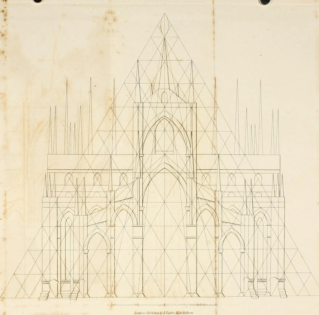 An illustration from An history of the origin and establishment of Gothic architecture : comprehending also an account, from his own writings, of Caesar Caesarianus, the first professed commentator on Vitruvius, and of his translation of that author : an investigation of the principles and proportions of that style of architecture called the Gothic : and an inquiry into the mode of painting upon and staining glass, as practiced in the ecclesiastical structures of the Middle Ages, 1813, leaf 303