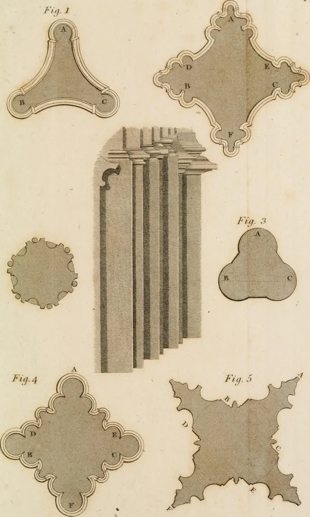An illustration from An history of the origin and establishment of Gothic architecture : comprehending also an account, from his own writings, of Caesar Caesarianus, the first professed commentator on Vitruvius, and of his translation of that author : an investigation of the principles and proportions of that style of architecture called the Gothic : and an inquiry into the mode of painting upon and staining glass, as practiced in the ecclesiastical structures of the Middle Ages, 1813, leaf 304
