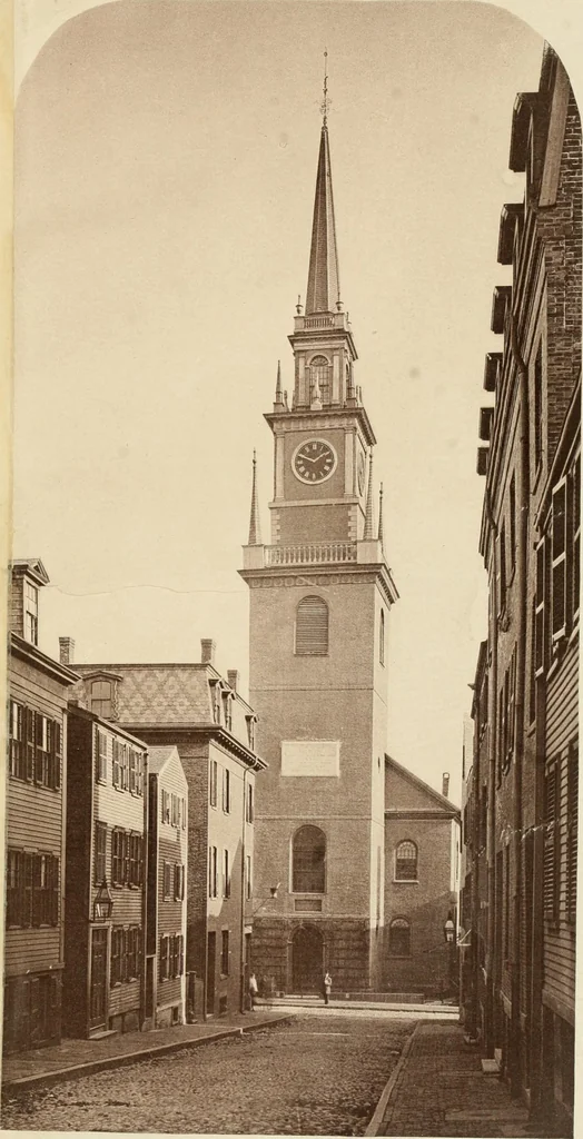 An illustration from History of Paul Revere's signal lanterns, April 18, 1775, in the steeple of the North Church: with an account of the tablet on Christ Church and the monuments at Highland Park and Dorchester Heights, 1878, leaf 5