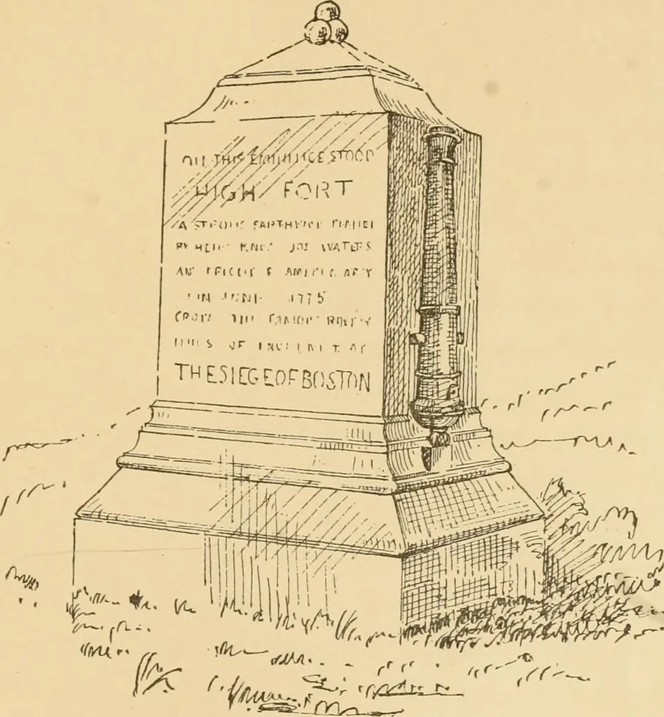 An illustration from History of Paul Revere's signal lanterns, April 18, 1775, in the steeple of the North Church: with an account of the tablet on Christ Church and the monuments at Highland Park and Dorchester Heights, 1878, leaf 65