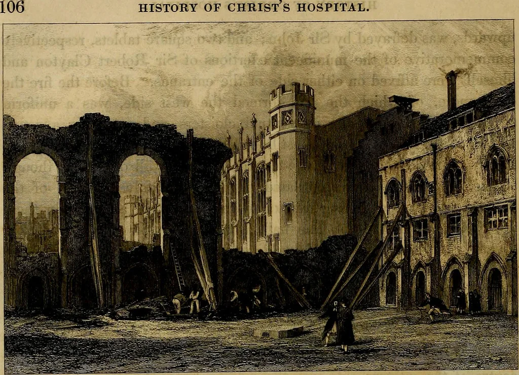 An illustration from A history of the royal foundation of Christ's Hospital : with an acount of the plan of education, the internal economy of the institution, and memoirs of eminent Blues : preceded by a narrative of the rise, progress, and suppression of the convent of the Grey Friars in London, 1834, leaf 129